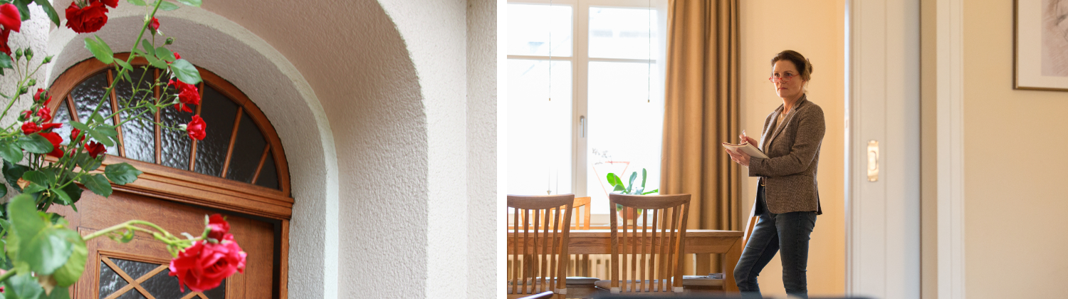 Bremer Altbau Eingangstür mit roten Rosen, Makler bei einer Besichtigung eines Bremer Hauses