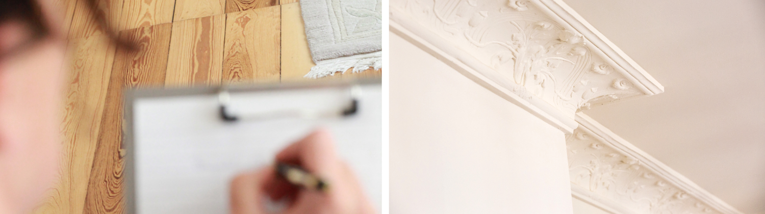 Blick auf den Holzfussboden und Aufzeichnungsblock der Maklerin, Stuckverzierung eiens Altbaus in Bremen